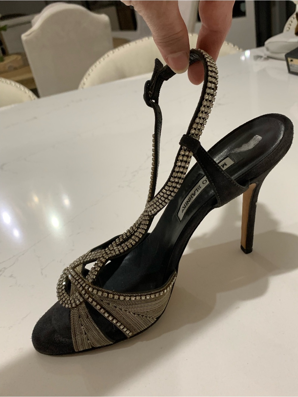 Manolo Blahnik Black Satin Crystal T-Strap Stiletto Sandal Size 40